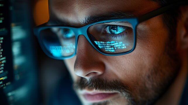 Focused developer coder wears glasses working on computer looking at programming code data cyber security digital tech reflecting in spectacles developing software program focus on eye : Generative AI