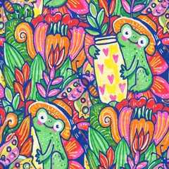 Seamless pattern with frogs and flowers.