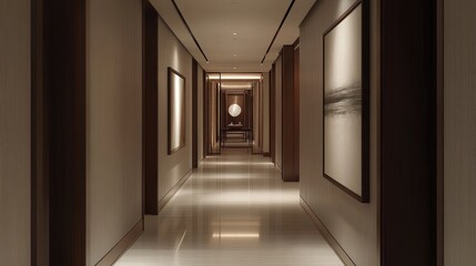 A beautifully designed hallway with clean lines, minimalist artwork, and subtle lighting, creating an elegant transition between spaces.