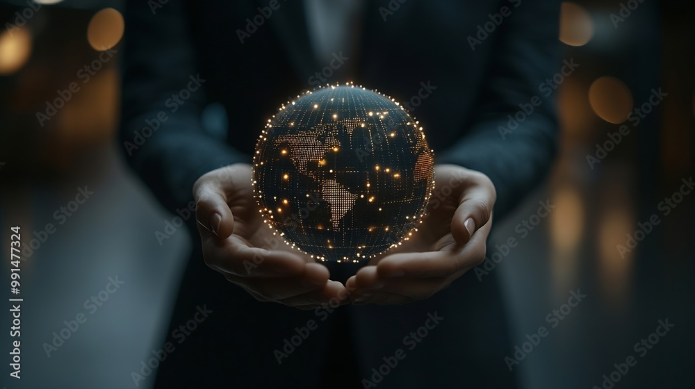 Fototapete Businessman holding global network connection on social networking and customer data analytics Business strategy and smart intelligence digital marketing Technology and global business : Generative AI