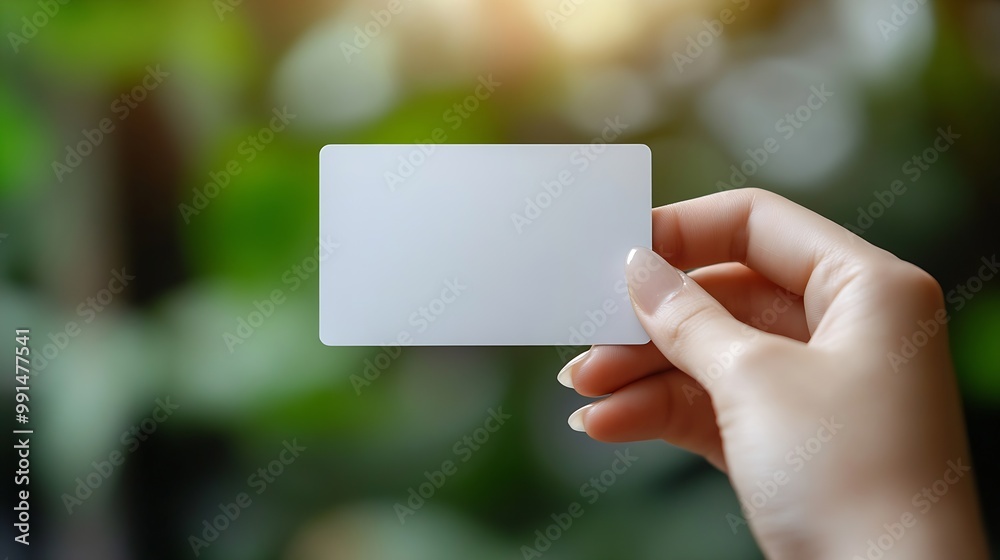 Poster hand holding blank white credit card mockup with rounded corners plain creditcard mock up template w
