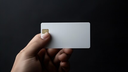 Hand holding blank white credit card mockup isolated Empty plastic card mock up hold in arm Clear surface bank card with gold emboss numbers Debit card concept design presentation gold : Generative AI