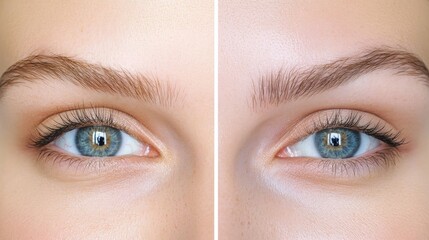 Obraz premium A before-and-after comparison of a woman's eyebrows, showcasing the transformation from unkempt to perfectly shaped, emphasizing the power of brow grooming.