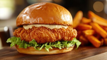 Close-up of a crispy fried chicken sandwich with lettuce and mayo, placed on a wooden cutting board with a side of sweet potato fries.