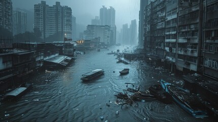 Flooded Cityscape: A haunting view of a Hong Kong cityscape engulfed by a deluge, boats bobbing in the flooded streets, buildings looming through the downpour.