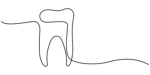 Single line drawing of a tooth, Single continuous line art anatomical human tooth silhouette implant. Healthy medicine recovery molar root cavity concept design world oral health day one sketch 