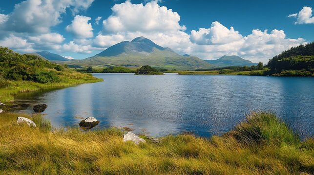 Beautiful landscape of Connemara region with Lough Nafooey in the background Scenic Irish countryside landscape with magnificent mountains on the horizon County Galway Ireland : Generative AI