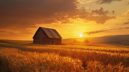 Old barn surrounded by golden wheat fields at sunset.