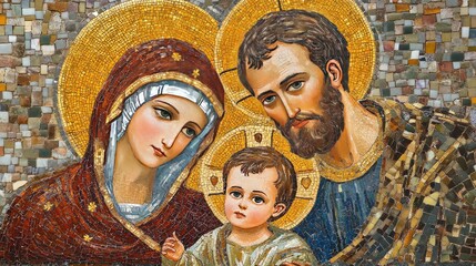 Mosaic of the Holy Family, with Jesus, Mary, and Joseph in an elegant, ancient art style, reflecting devotion and faith © 69