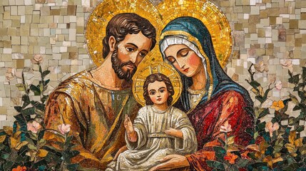 Mosaic of the Holy Family, with Jesus, Mary, and Joseph in an elegant, ancient art style, reflecting devotion and faith