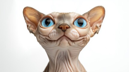 A detailed close-up of a Sphynx cat with large blue eyes