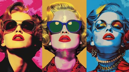 Obraz premium A retro pop art style portrait of a woman in sunglasses with bold colors and contrasting backgrounds.