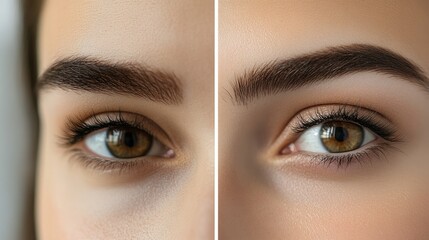 Fototapeta premium A before-and-after comparison of a woman's eyebrows, showcasing the transformation from unkempt to perfectly shaped, emphasizing the power of brow grooming.