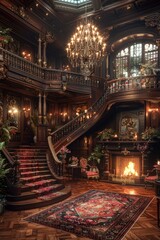 Obraz premium Opulent Grand Staircase in Luxurious Victorian Mansion with Ornate Chandelier, Fireplace, Rich Wood Paneling, and Red Carpet Stair Runnerluxury