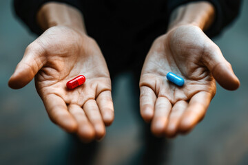Hands hold a red and a blue pill