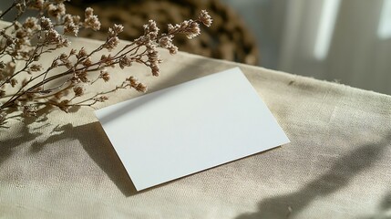 White invitation card mockup with a lagurus on a beige table 5x7 ratio similar to A6 A5 : Generative AI