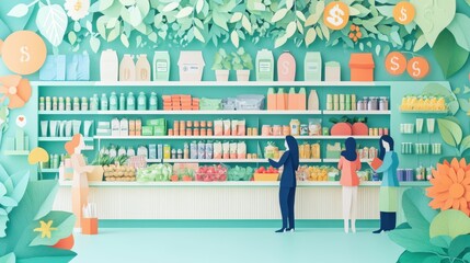 Vibrant Paper Cut Illustration of Eco-Friendly Grocery Store with Customers Budgeting and Saving Money
