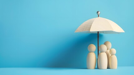 Family Protection: Insurance Coverage Concept with Wooden Figure and Umbrella