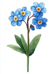 Beautiful blue flower with delicate petals and green leaves, perfect for nature-themed designs and decorations, white background