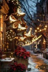 Fototapeta premium Festive outdoor winter street scene with illuminated golden star balloons, holiday lights, and red poinsettias on a snowy eveningChristmas