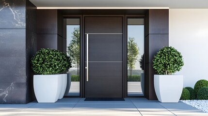 Fototapeta premium A modern front door with dark wood and glass