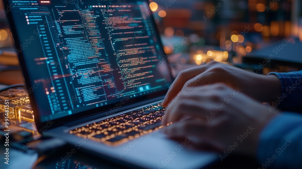 Poster a person coding on a laptop in a modern workspace during the evening hours with colorful lights in t