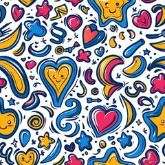 Naklejka premium A seamless pattern with various objects like hearts, stars, and swirls on white background