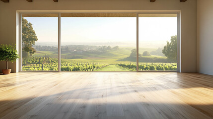 An empty living room with a bright large window with a vineyard landscape view