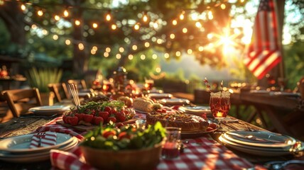 Fototapeta premium Festive Summer Outdoor Dining Setting with String Lights and American Flag, Celebrating with Fresh Salad, Pie, and Refreshing Drinks at SunsetFestive