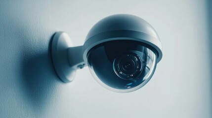 Close-up of a dome-style security camera with a clear white wall, leaving ample copy space for text, logos, or branding.