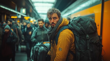 Fototapeta premium A man with a backpack looking back over his shoulder in a busy train station