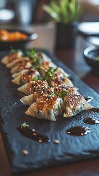 Gyoza dumplings with Shrimp on black stone plate with soy sauce