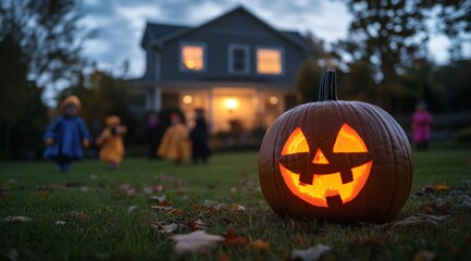 Glowing Jack-O’-Lantern Pumpkin on Lawn with Trick-or-Treating Kids and House Lights, Spooky Halloween Night Scene