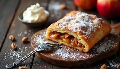 Traditional Apfelstrudel with powdered sugar and cinnamon (German Cuisine)