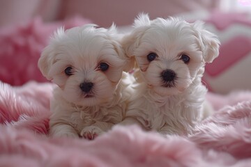 Fototapeta na wymiar Adorable Pair of Fluffy White Maltese Puppies Resting on a Pink Furry Blanket in Cozy and Warm Home Environment with Soft LightPuppies