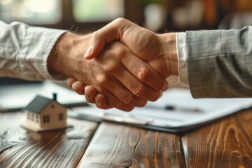 Close-up of two businesspeople shaking hands over a wooden desk with a miniature house and documents, symbolizing successful property deal, agreement, or partnershiphandshake