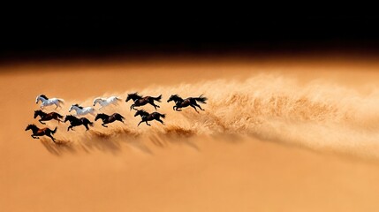 Obraz premium A herd of horses running across a sandy plain, leaving a trail of dust in their wake.