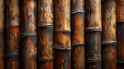 Obraz premium Artistic display of weathered bamboo stalks creating a textured background in natural tones. Generative AI