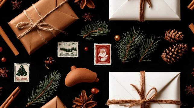 Craft a repeating design with Christmas mail, letters to Santa, and festive stamps, capturing the anticipation of the holiday