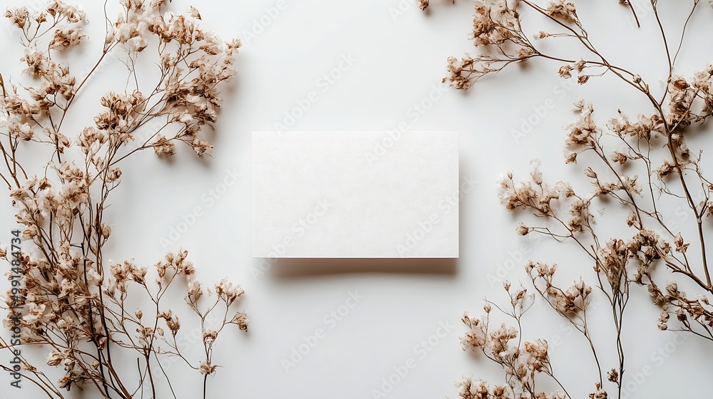 Poster boho business card mockup template empty stationery card with dry plants flower and boho decor on a 