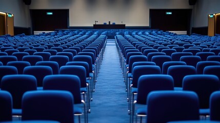 Fototapeta premium Rear view of an empty conference hall with rows of blue chairs, perfectly aligned, awaiting attendees
