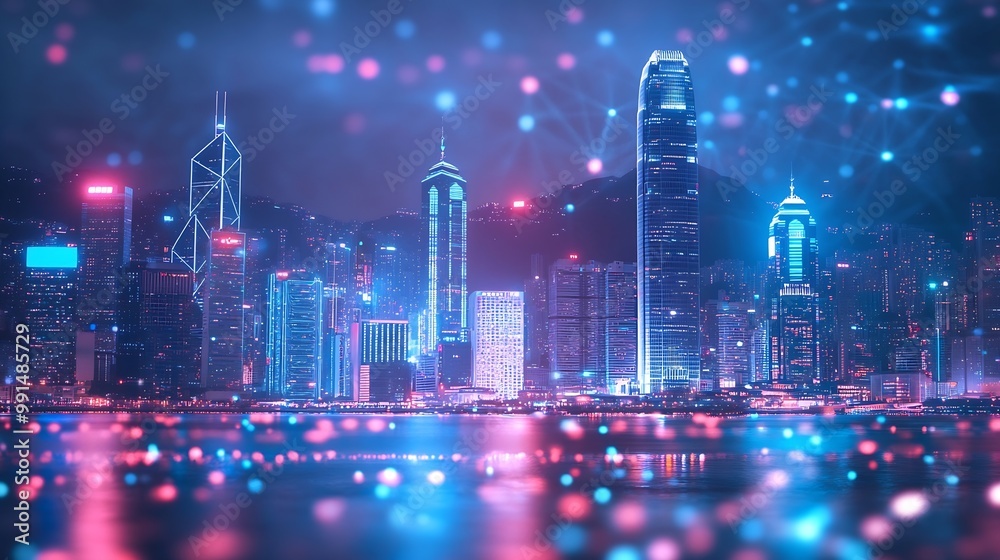 Aufkleber Smart network and Connection technology concept Hong Kong digital city background at night in victoria harbour Cyberpunk color style Panorama view : Generative AI