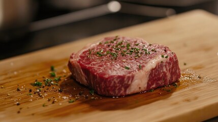 A close-up of marbled steak on a wooden cutting board, with seasoning and herbs sprinkled around, highlighting the quality and texture of the meat.