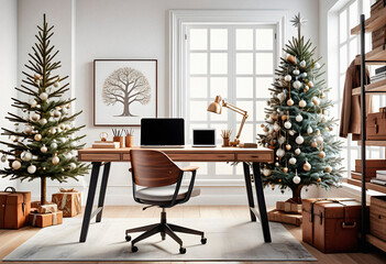 Modern office interior with christmas decorations and new year tree. AI generated.	