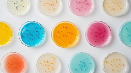 Petri Dishes with Colorful Agar and Bacterial Colonies