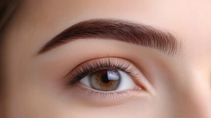 Obraz premium A close-up of perfectly shaped female eyebrows, meticulously groomed and defined, with soft makeup enhancing the natural beauty, set against a neutral background
