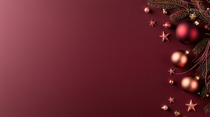 Elegant arrangement of red and gold Christmas ornaments and pine branches on a rich burgundy background for festive decorations