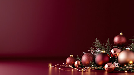 Fototapeta premium Elegant arrangement of shimmering Christmas ornaments in rich reds and golds, surrounded by green pine and delicate snowflakes