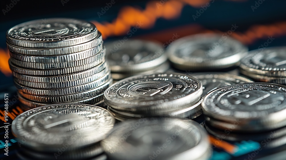 Poster stack of silver coins with trading chart in financial concepts and financial investment business sto