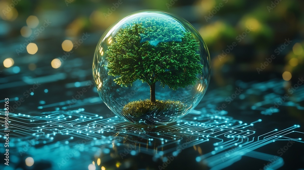 Fototapete Tree growing on Circuit digital ball Digital and Technology Convergence Blue light and Wireframe network background Green Computing Green Technology Green IT csr and IT ethics Concept : Generative AI